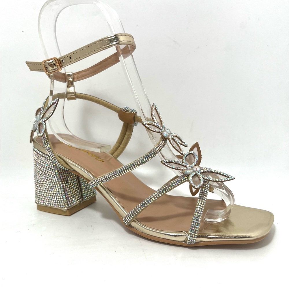 Lady heel sandals rhinestones gold color open toe sizes 6.5-7.5